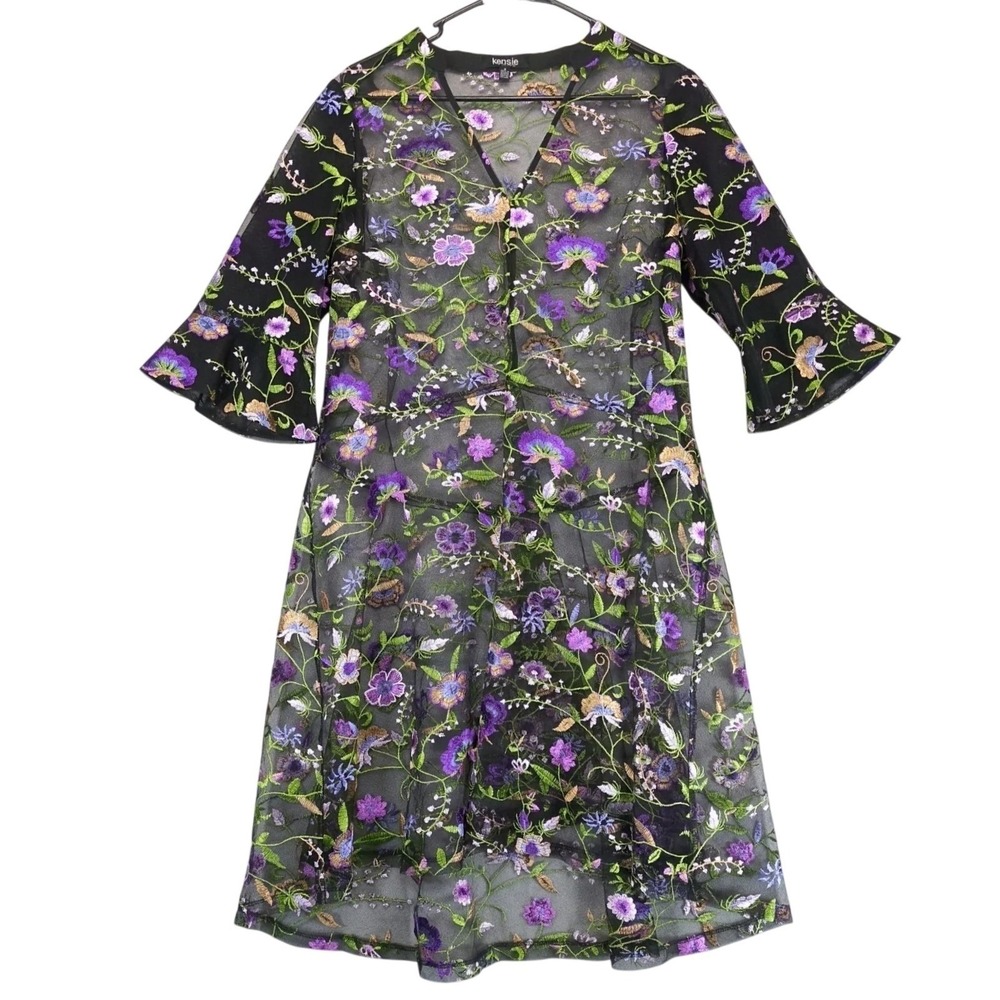 Kensie Embroidered Floral Black Sheer Overlay High Low Dress Sz 8 Boho Fairy Art